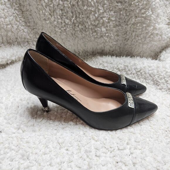 Brighton Yelena‎ Black Leather Croc Embossed Toe Heels sz 6.5 - Picture 1 of 9